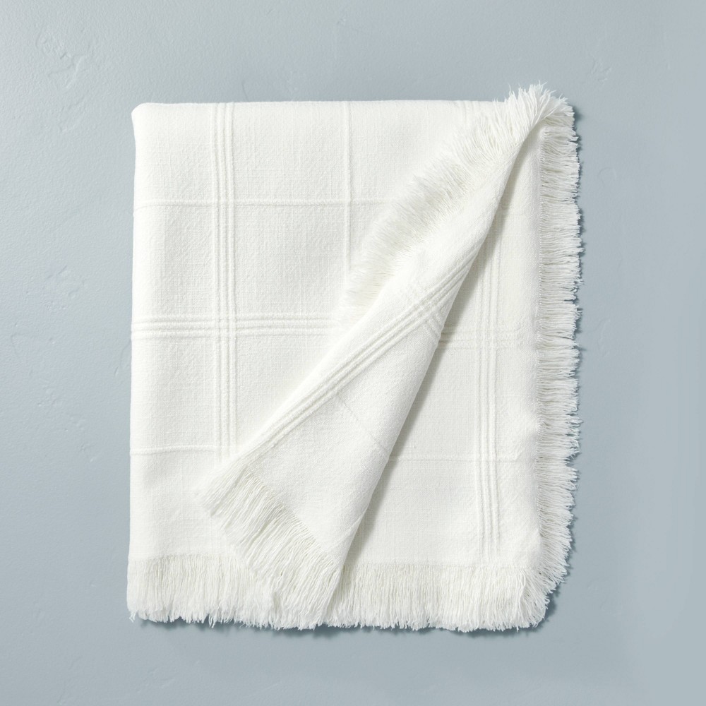 Textured Grid Lines Dobby Throw Blanket Cream - Hearth & Hand™ with Magnolia: Rayon & Linen, Fringed, Farmhouse Style