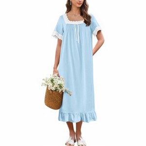 Ekouaer Cotton Nightgowns for Women Vintage Victorian Nightgown Short  Sleeve Lace Night Gown Long Nightdress Soft Nightshirt Cyan XXL : Target