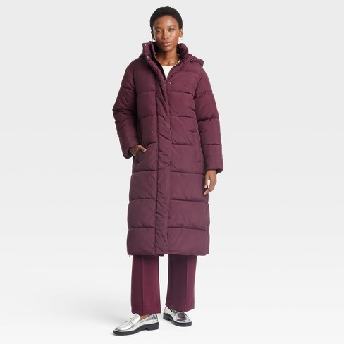 Burgundy long puffer jacket online