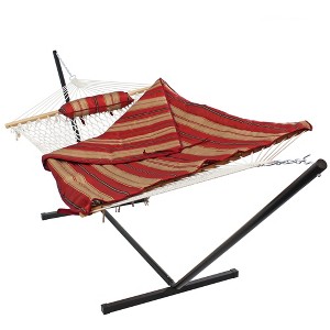 Sunnydaze Cotton Rope Freestanding Hammock with Spreader Bar with Portable Steel Stand and Pad and Pillow Set - 12' Stand - 1 of 4