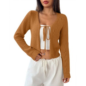 Coolmee Womens Sweater Cardigan Cropped Tie Front Bow Lightweight Cardigan Long Sleeve Sweater Knit Fashion Tops - 1 of 4