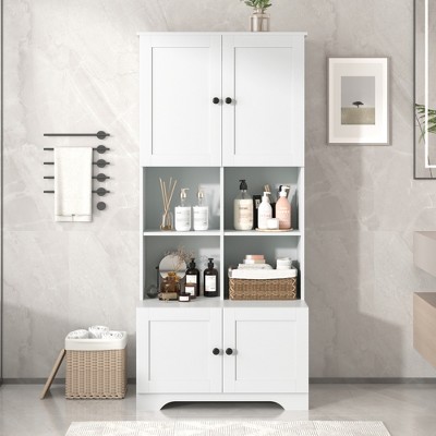 TiramisuBest Tall Freestanding Bathroom Storage Cabinet with 4 Doors, Adjustable Shelves & Open Multi-Layer Shelves, White