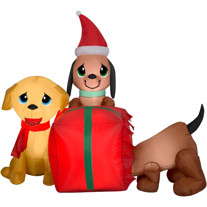 Gemmy Christmas Airblown Inflatable Present Puppies Scene, 4 ft Tall, Multicolored, 1 of 3