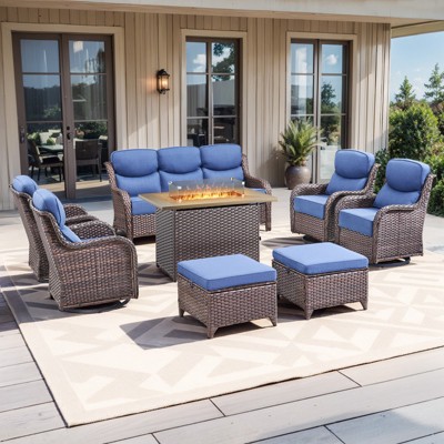 Buenhomino 8 Pieces Patio Furniture Sets with Fire Pit Table, Wicker Outdoor Conversation Sets with 4 Swivel Rocker Chairs, 3-seat Sofa and Ottomans