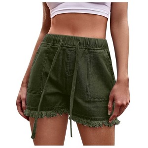 Womens Ripped Cuff Denim Shorts Summer Casual Shorts with Drawstring Elastic Wasit Lightweight Denim Shorts with Pockets - 1 of 4