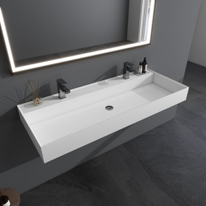 47 x 19 in. Solid Surface Wall Mount or Countertop Bathroom Vessel Sink with Double Faucet Holes in Matte White - 1 of 4