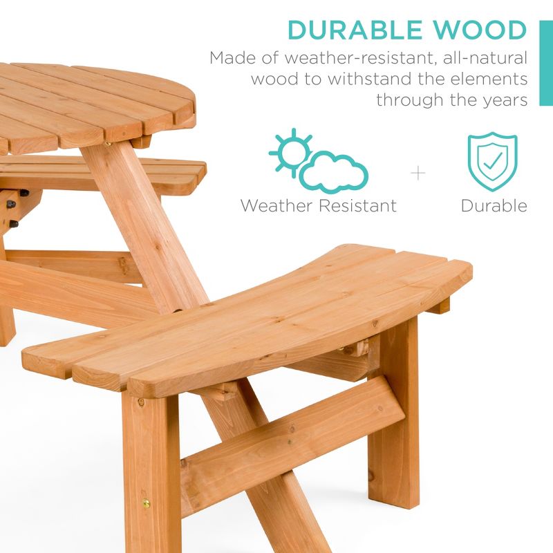 Best Choice Products 6-Person Circular Outdoor Wooden Picnic Table w/ 3 Built-In Benches, Umbrella Hole, 3 of 9