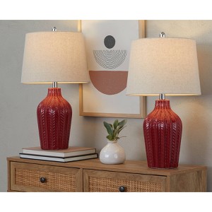 LumiSource (Set of 2) Rockwell 23" Contemporary Table Lamps Glossy Brick Red Ceramic, Polished Nickel and Natural Linen Shade - 1 of 4