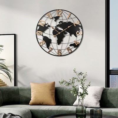 36" Large Black Metal Wall Clock, Modern Silent World Map Wall Clock, with Vintage Numeral, for Home, Bedroom, Living Room, Entryway, Black & Gold