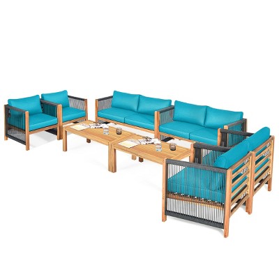 Tangkula Outdoor Patio Wood Conversation Furniture Set Padded Chair with Coffee Table Red/Turquoise