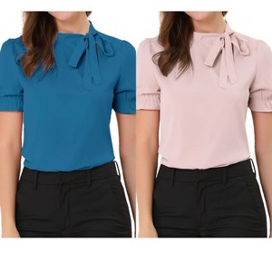 Allegra K Women's Elegant Bow Tie Neck Elastic Cuffs Office Short Sleeve Blouse 2 Pcs - 1 of 4
