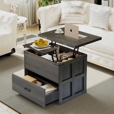 WOWLIVE Farmhourse Wood Square Coffee Table, Lift Top Coffee Table with 4-in-1 Storage, CT008