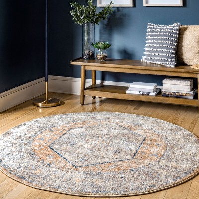 Jacquie Vintage Floral Orange Round Synthetic Rug