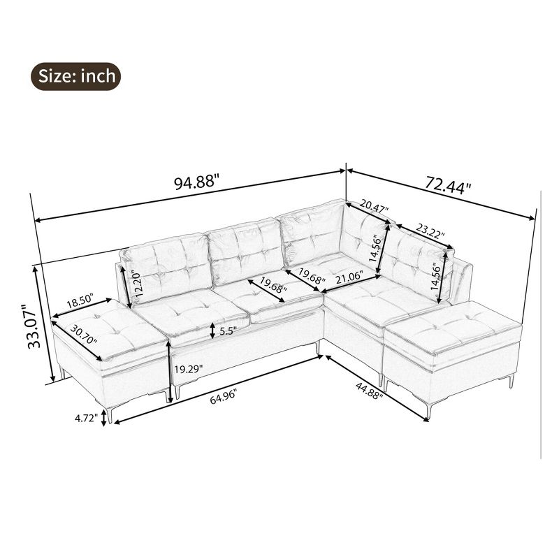 95" Modular Sectional Sofa Couch Set, Upholstered PU Couches with Movable Storage Ottomans-ModernLuxe, 3 of 11