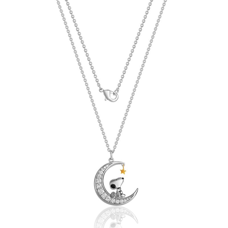 Peanuts Womens Snoopy Moon Cubic Zirconia 18K Yellow Gold Plated Necklace, 18'', 2 of 4