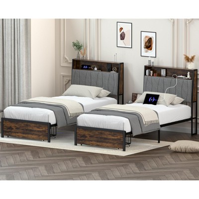 COMHOMA Metal Bed Frame with 2 Storage Drawers,  Power Outlets, 2-Tier Storage Headboard, LED Lighting