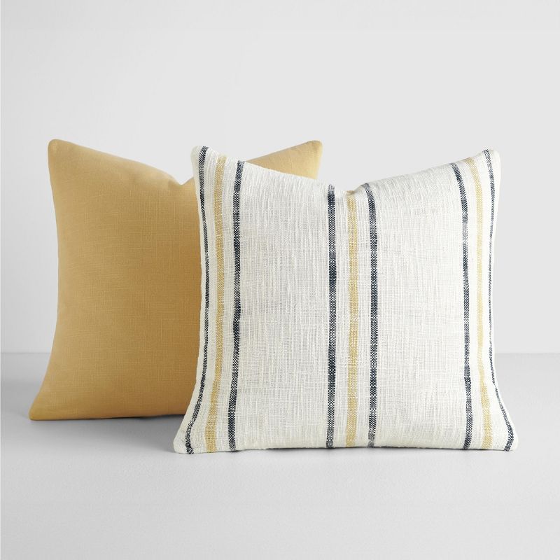 2-Pack Yarn-Dyed Patterns Mustard Throw Pillows in Yarn-Dyed Framed Stripe & Solid - Becky Cameron, Mustard Yarn-Dyed Framed Stripe / Solid, 20 x 20, 1 of 9