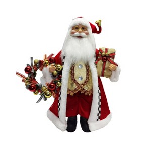 Season's Designs 18" Red and White Standing Santa Figurine with Black Checkered Coat, Holding Wreath and Present Christmas Decor for Indoor Use on - 1 of 1