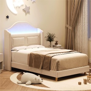 Upholstered Twin Bed Frame with LED Lights, Velvet Platform Bed Frame with Wing Back Storage Headboard, Wood Slats Support, No Box Spring Needed - 1 of 4