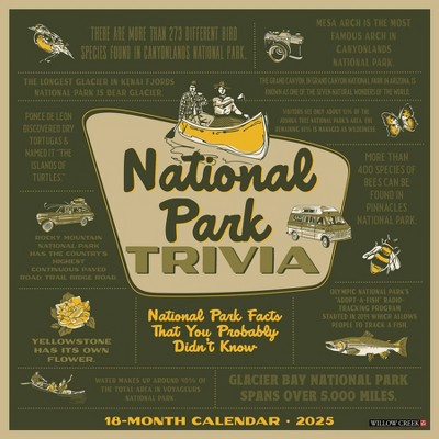 Willow Creek Press National Park Trivia 2025 Wall Calendar: Monthly 12x12" Blue Paper, All Ages, Sewn Binding