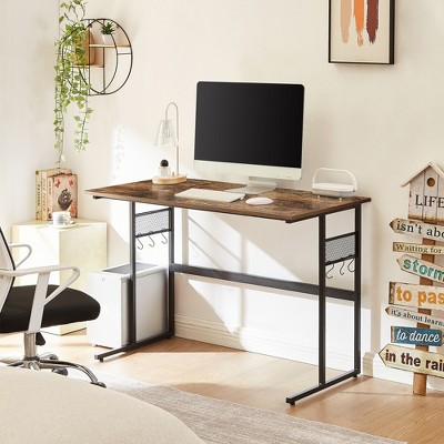 VECELO 32/44 in. Small Computer Desk, Wooden Writing Study Work Desk with Storage & Hook for Home or Bedroom, Brown