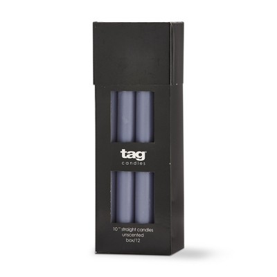 TAG Color Studio 10" Straight Taper Unscented Smokeless Paraffin Wax Candle Slate Blue, Burn Time 10 hrs. Set 12