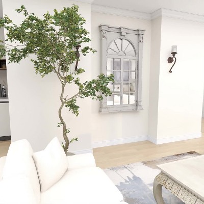 Cream Wood Windowpane Arched Wall Mirror with Distressed Finish