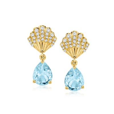 Ross-Simons 3.50 ct. t.w. Sky Blue Topaz and .40 ct. t.w. White Zircon Seashell Drop Earrings in 18kt Gold Over Sterling