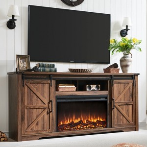SinCiDo 80 Inch TV Ready Farmhouse Fireplace Stand, 32″ High Entertainment Center with Drawer, Sliding Barn Door & 70″ Media Storage - 1 of 4