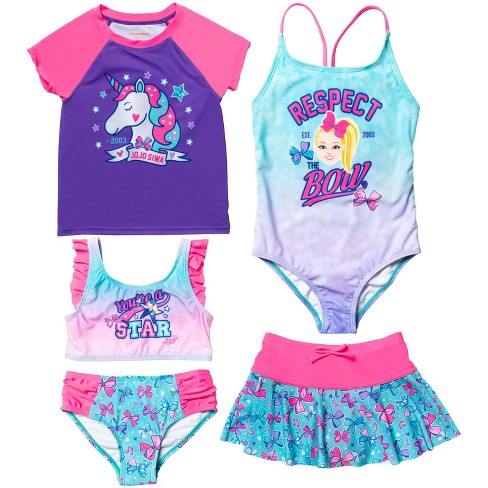 Girls Swim Set With Long Sleeve Rash Guard, Swim Shorts, And