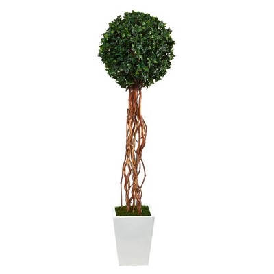 62" Indoor/Outdoor English Ivy Single Ball Artificial Topiary Tree in Metal Planter White/Green - Nearly Natural