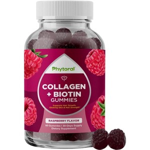 Hydrolized Collagen + Biotin Gummies, Pure Collagen Supplement for Healthy Hair Growth, Glowing Skin & Nail Care, Raspberry Flavor, Phytoral, 60ct - 1 of 4