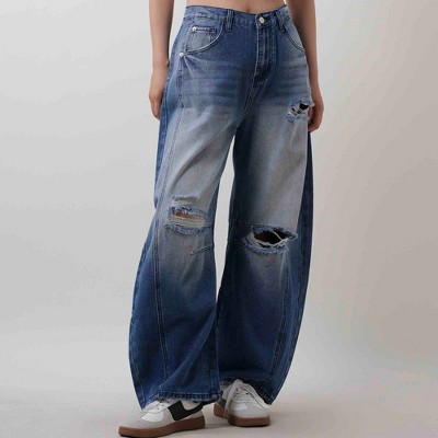 Women's Distressed Barrel-Leg Jeans - Baggy Slouchy Fit with 4-Pockets Denim Pants Cherie Code