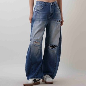 Women's Distressed Barrel-Leg Jeans - Baggy Slouchy Fit with 4-Pockets Denim Pants Cherie Code - 1 of 4