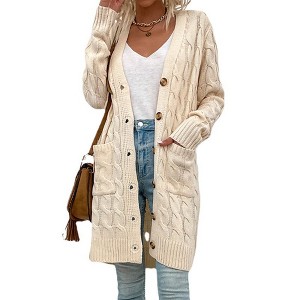 Coolmee Womens Long Sleeve Cable Knit Long Cardigan Casual Fall Winter Chunky Open Front Button Sweaters with Pockets - 1 of 4