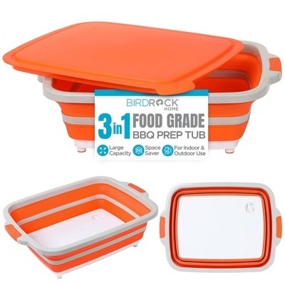 BIRDROCK HOME Collapsible BBQ Prep Tub w/ Cutting Board - Multi-Function Grill Caddy, Colander & Lid - Portable Silicone Dish for Camping, Orange