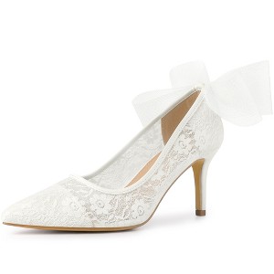 Perphy Women's Pointed Toe Breathable Lace Back Bow Decor Stiletto Heel Pumps - 1 of 4