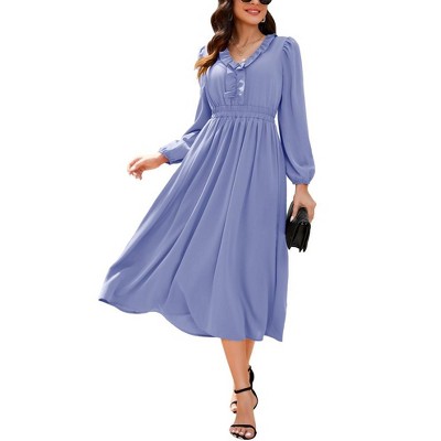Womens Ruffle Cocktail Party Dress Long Sleeve V Neck Midi Dress Elastic Empire Waist Wedding Guest Fall Dress