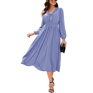 Womens Ruffle Cocktail Party Dress Long Sleeve V Neck Midi Dress Elastic Empire Waist Wedding Guest Fall Dress - 1 of 4