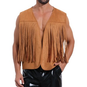 INSPIRE CHIC Men's Suede Casual Front Open Sleeveless Fringe Trim Vest - 1 of 4