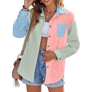 Zeagoo Womens Color Block Button Down Shirts Long Sleeve Linen Shirt Oversized Cotton Blouses Tops with Bust Pocket - 1 of 2