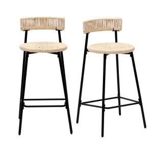 FONTOI 2PCS Round Barstools with Back&Footrest, Hand Woven Bar Stools for Living Room Kitchen Island, Black&Brown, 15.35"*35"*15.35" - 1 of 4