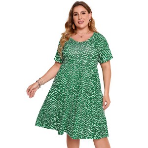 Women's Plus Size Lantern Sleeve Casual Ruffle Hem Loose Swing V Neck Tunic Mini Dress - 1 of 4
