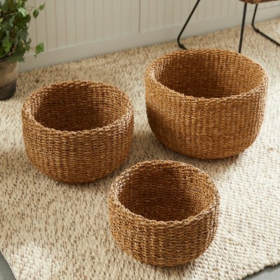 Handwoven Round Seagrass Basket Set with Natural Finish