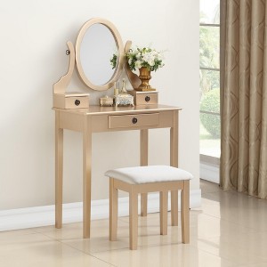 FONTOI 30"W Wood Makeup Vanity Table and Stool Set with Adjustable Oval Mirror 3 Storage Drawers for Bedroom Dressing Room, Gold, 30"*16"*53" - 1 of 4
