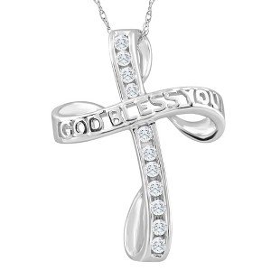 Pompeii3 1/3Ct T.W. Diamond Cross 10k White Gold Necklace God Bless You Pendant 18" Chain - 1 of 4