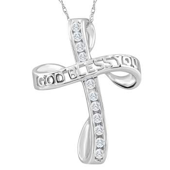 Pompeii3 1/3Ct T.W. Diamond Cross 10k White Gold Necklace God Bless You Pendant 18" Chain