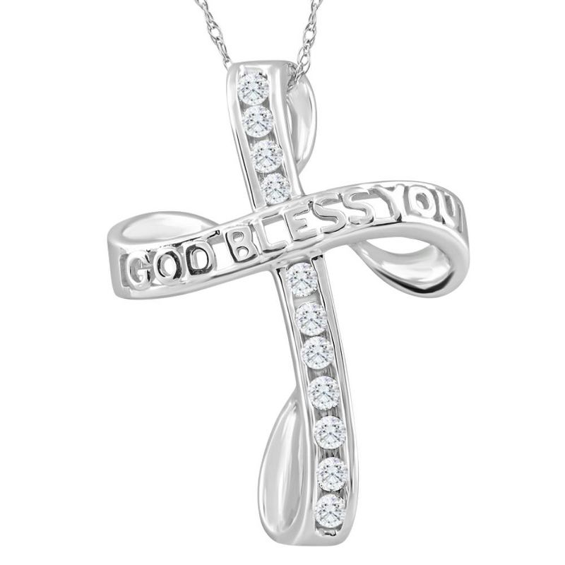 Pompeii3 1/3Ct T.W. Diamond Cross 10k White Gold Necklace God Bless You Pendant 18" Chain, 1 of 5