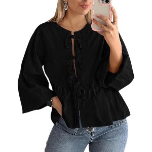 Clearlove Womens Self Tie Front Bows Puff Long Sleeve Crewneck Babydoll Peplum Blouses Tops Shirts - 1 of 3