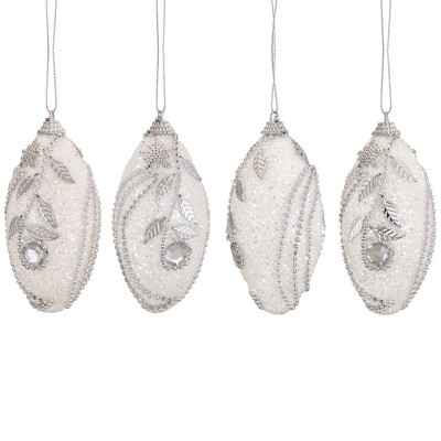 Northlight 4ct Beaded Floral Shatterproof Christmas Finial Ornament Set 4.5" - White/Silver